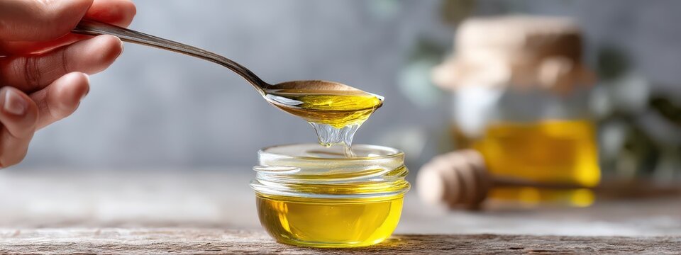 Hand gracefully holding a spoon with ghee oil dripping into a jar