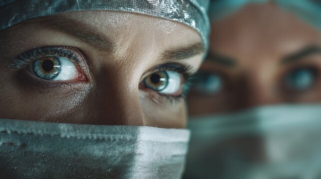 Close-up of Focused Eyes of Two Surgeons in Medical Masks and Caps