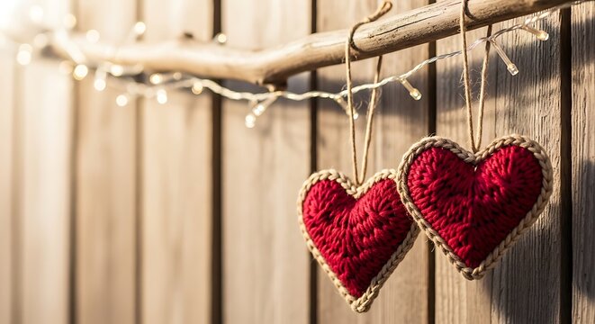 Red knitted hearts with string lights on a rustic wooden wall