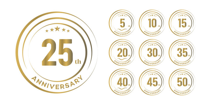 Gold Anniversary Badges 5, 10, 15, 20, 25, 30, 35, 40, 45, 50  Premium Vector Set