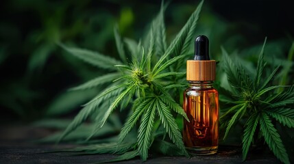 Fototapeta premium A small amber glass bottle with a dropper of CBD oil among cannabis leaves