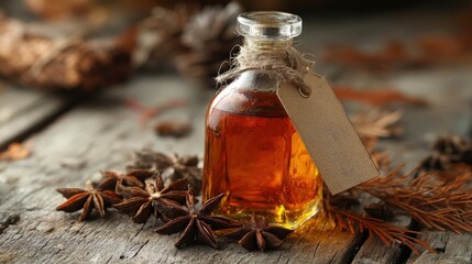Small Bottle of Amber Liquid with Tag and Star Anise on Rustic Wood