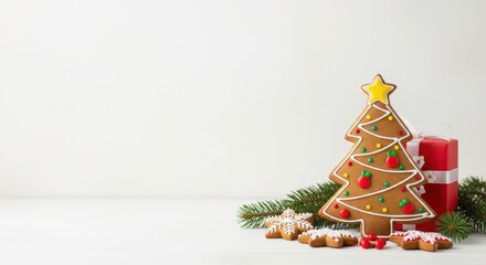 Gingerbread Christmas tree cookie with festive decorations beside small red gift box. Holiday baking concept for Merry Christmas.