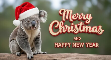 Koala Wishes Happy Holidays - An adorable koala wearing a Santa hat poses for a cute Merry Christmas and Happy New Year greeting