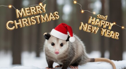 Opossum Wishes Merry Christmas and Happy New Year - A cute opossum wearing a Santa hat sits in the snow wishing everyone a Merry Christmas and Happy New Year with festive golden lettering