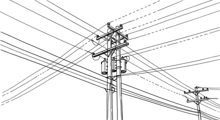 Utility pole infrastructure, electrical wires, transformers, urban grid, power lines, energy distribution, industrial network, voltage system, cityscape, engineering, overhead cables