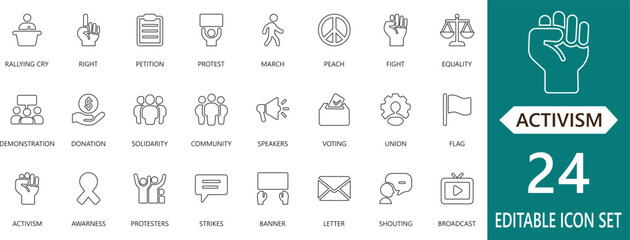 Minimal activism stroke icon set featuring protest symbols, awareness signs, community actions, social justice elements, and advocacy visuals.