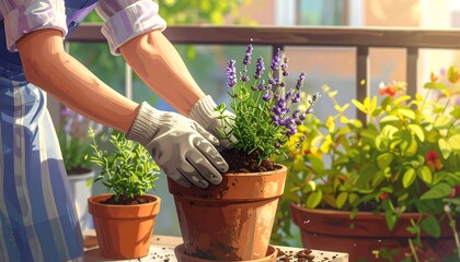 An individual in gardening gloves expertly tends to a flowering lavender plant in a terracotta pot, on a sunlit balcony
