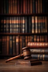 A wooden gavel rests on a desk in front of a large, blurred bookshelf filled with legal volumes