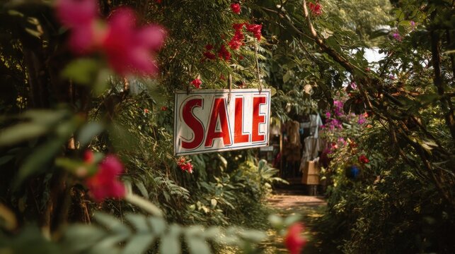 Bright red "SALE" sign hanging amidst festive greenery and red berries