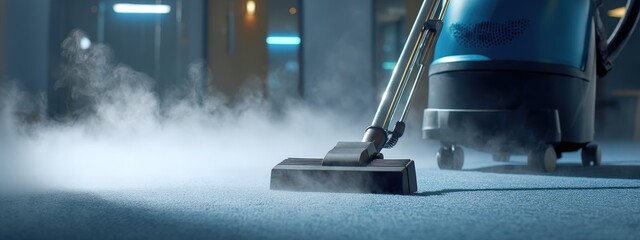 Deep carpet steam cleaning with a visible vapor effect and dramatic lighting.