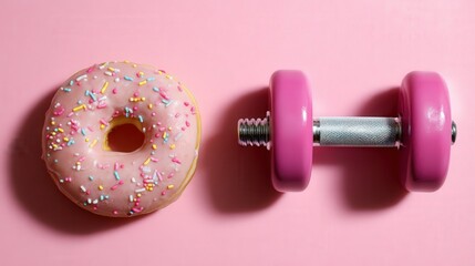 Donuts and a pink dumbbell, creating a contrast symbolizing the balance between fitness and temptation