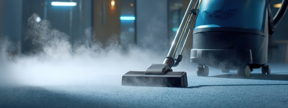 Deep carpet steam cleaning with a visible vapor effect and dramatic lighting.