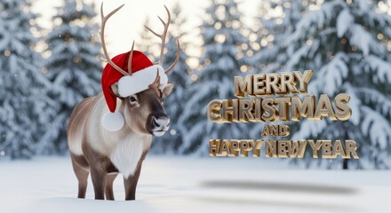 Reindeer Wearing Santa Hat in Winter Scene - A charming reindeer wearing a Santa hat stands in a snowy forest wishing Merry Christmas and Happy New Year