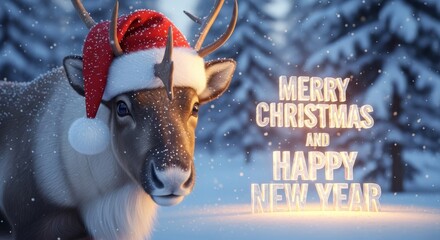 Reindeer Wearing Christmas Hat - A reindeer wearing a Santa hat stands in a snowy winter landscape with a Merry Christmas and Happy New Year greeting