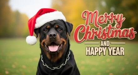 Rottweiler Dog Wearing Santa Hat - Adorable Rottweiler wearing a Santa hat wishing you a Merry Christmas and Happy Year