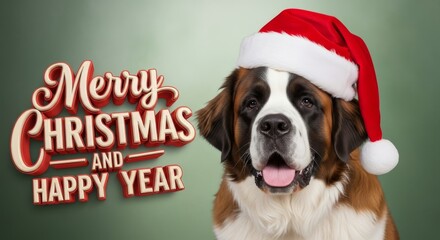 Saint Bernard Dog Christmas Card - A Saint Bernard dog wears a Santa hat next to a festive Merry Christmas message on a green background