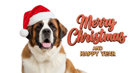 Saint Bernard Dog Wearing Santa Hat - A Saint Bernard dog wearing a Santa hat next to text wishing Merry Christmas and Happy Year on a white background