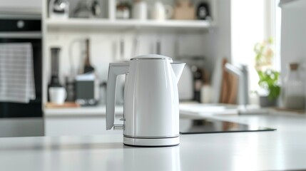 Modern White Electric Kettle on a Kitchen Countertop with Blurred Background