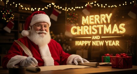 Santa Claus Checking His List - Santa Claus with white beard is checking the list for Christmas gifts. Merry Christmas and Happy New Year text