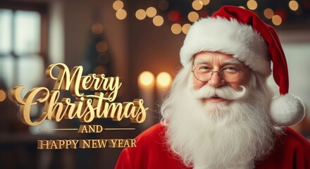 Santa Claus Christmas Celebration - A festive of Santa Claus wishing Merry Christmas and Happy New Year, with a warm bokeh background