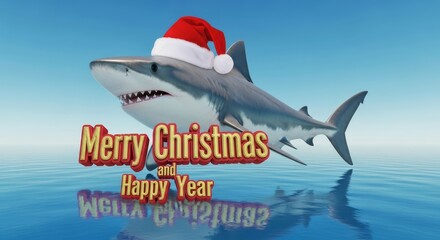 Shark Wishing Merry Christmas and Happy Year - A shark in a Santa hat wishes everyone Merry Christmas and Happy Year in the ocean. Festive holiday