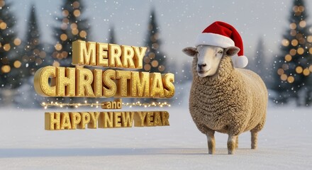 Sheep Celebrating Christmas and New Year - A cute sheep wearing a Santa hat stands in a snowy scene with a Merry Christmas and Happy New Year message