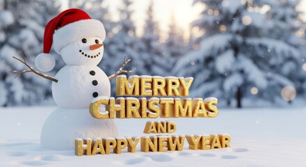 Snowman with Christmas Greetings in Winter - A festive snowman stands in a snowy landscape, wishing everyone Merry Christmas and Happy New Year with golden text