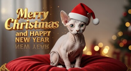Sphynx Cat Celebrates Christmas and New Year - A cute Sphynx cat wears a Santa hat on a red cushion with Christmas decorations and a greeting