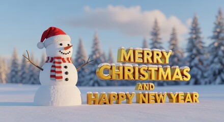 Snowman Wishes for Christmas and New Year - A cheerful snowman in a winter landscape greets the holidays with a festive message in golden letters
