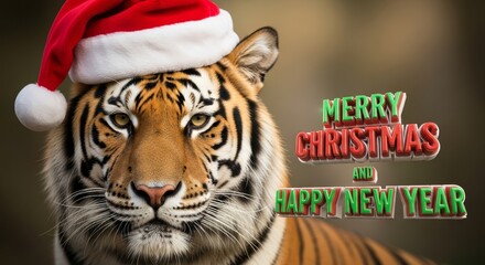 Tiger Wearing Santa Hat - A tiger is wearing Santa hat. Merry Christmas and Happy New Year card
