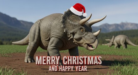 Triceratops Wishes Merry Christmas - A triceratops wears a Christmas hat in a field, with Merry Christmas text overlay. Celebratory festive dinosaur greeting