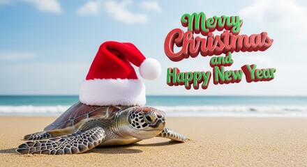 Turtle Christmas Beach Holiday - A sea turtle wearing a Santa hat crawls on a sandy beach with a Merry Christmas and Happy New Year greeting