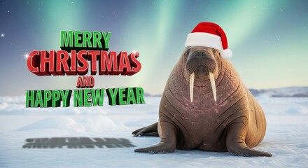 Walrus Christmas Holiday - A walrus wearing a Santa hat on an icy landscape with text reading Merry Christmas and Happy New Year