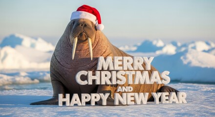 Walrus Wishes Merry Christmas and Happy New Year - A walrus wearing a santa hat sits on ice, wishing everyone a Merry Christmas and a Happy New Year