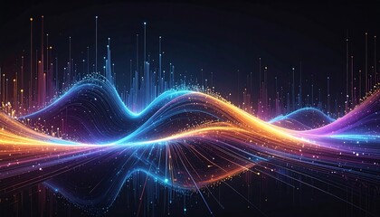 A vibrant digital waveform with glowing lines, vibrant colors, and radiant light in the dark background, conveying data and energy