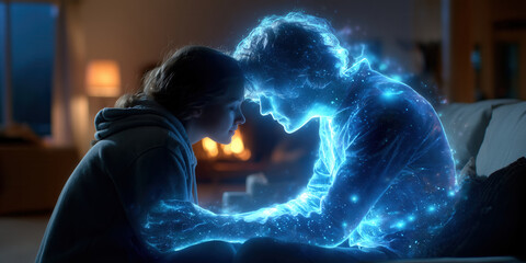 Young woman tenderly embraces glowing starry holographic man on couch by warm light. Emotional human-AI connection, deep emotional bond, futuristic romance, intimate digital companionship.
