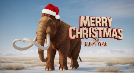 Woolly Mammoth Holiday Season - A woolly mammoth wears a Santa hat against a snowy mountain backdrop wishing viewers a Merry Christmas and Happy Year