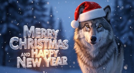 Wolf with Santa Hat for Christmas - A wolf wearing a Santa hat amidst a snowy landscape with festive greetings