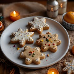 Festive star-shaped cookies with white icing and colorful sprinkles on a plate, surrounded by warm candlelight and holiday décor, creating a cozy, seasonal baking atmosphere.
