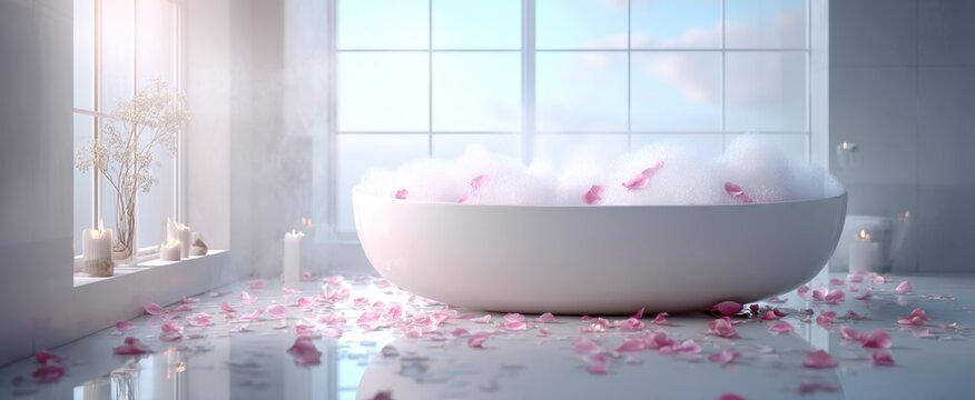 Serene spa bath with rose petals and candles for relaxation and tranquility,Bathtub Party Day