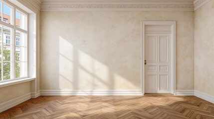 Bright Classic Interior with Sunlight, Wooden Parquet Floor and White Door
