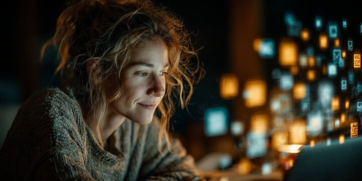 Woman working on laptop at night surrounded by glowing digital icons. Symbol of creativity and human partnership with artificial intelligence.