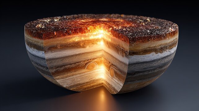 Jupiter depicted as a layered gemstone in cross-section, revealing an unexpected luminous core.

