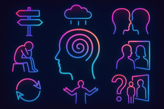 Artistic representation of emotional complexity and decision making featuring brain spirals and human silhouettes conveying introspection and interpersonal connections through vivid neon colors