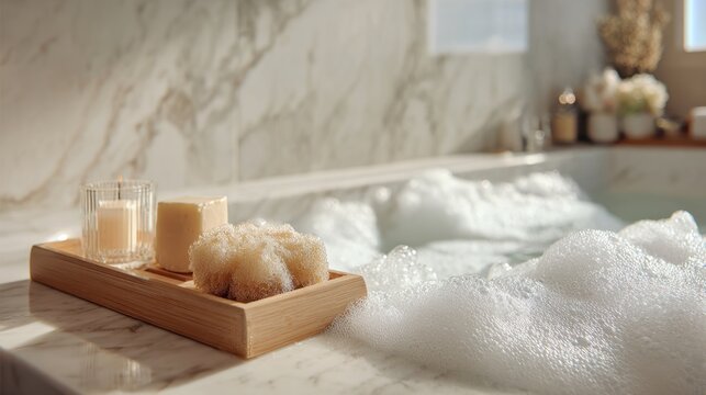 Luxurious spa experience in marble bathroom with relaxing bubble bath,Bathtub Party Day - Powered by Adobe