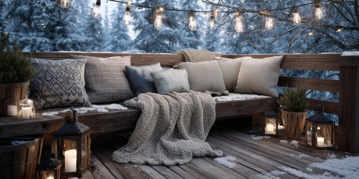 Wooden patio with snow-covered cushions, glowing lanterns and fairy lights in a soft winter twilight. A serene outdoor retreat blending rustic charm and holiday warmth.