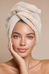 Portrait of a beautiful young woman with a towel wrapped around her hair and clean, naturally glowing skin