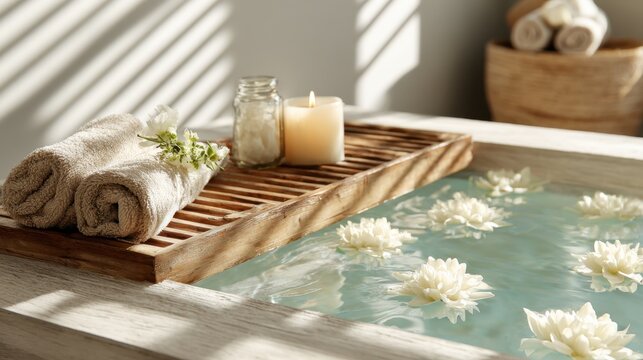 Relaxing spa bath with candlelight and floating flowers for tranquil meditation,Bathtub Party Day