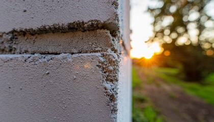 Abstract Textured Concrete Wall Close-up Detailed by Golden Hour Sun Flare Outdoors